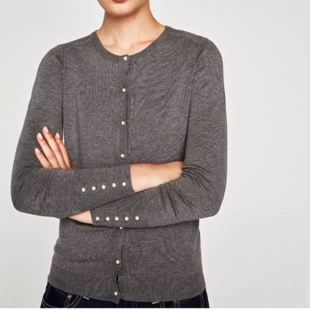 New Zara Round Neck Pearl Button-up Cardigan Sweater